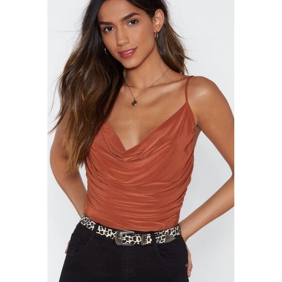 Cowlneck body suit. Burnt orange. Size 2. Nasty Gal. Like new. - Picture 1 of 4